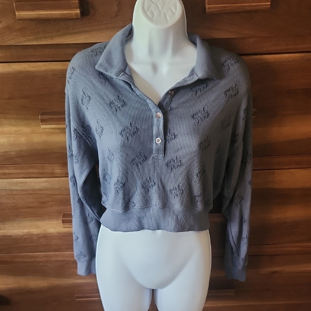 PINK Victoria's Secret Polo Blue Patterned Cropped Loose Waffleknit Long Sleeve